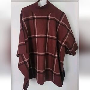 Brown Plaid Women Poncho Sweater  Mock Neck NWT  Max Studio Thick One Size